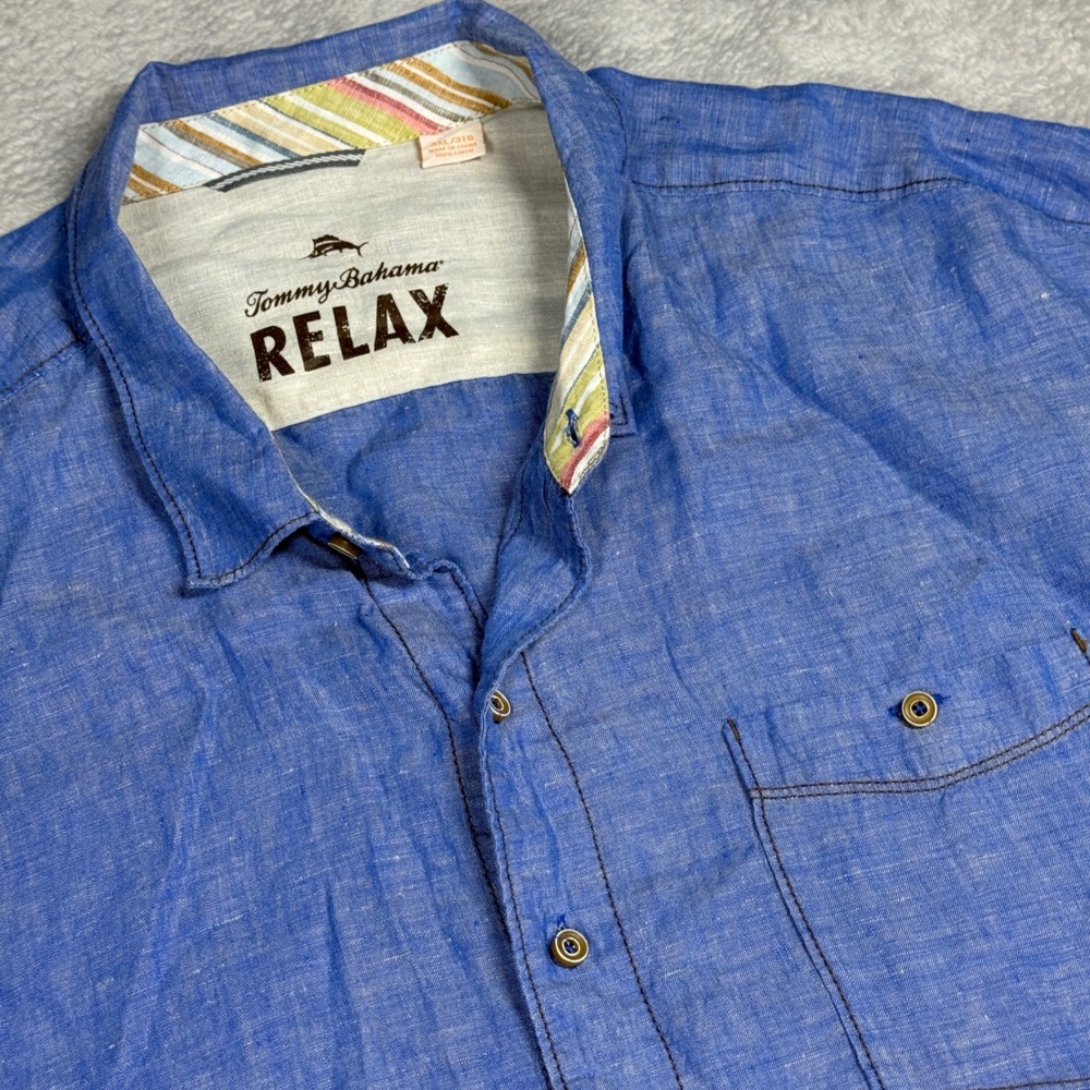 Tommy Bahama Relax Shirt Mens 3XL Blue 100% Linen Short Sleeve Button Front Big